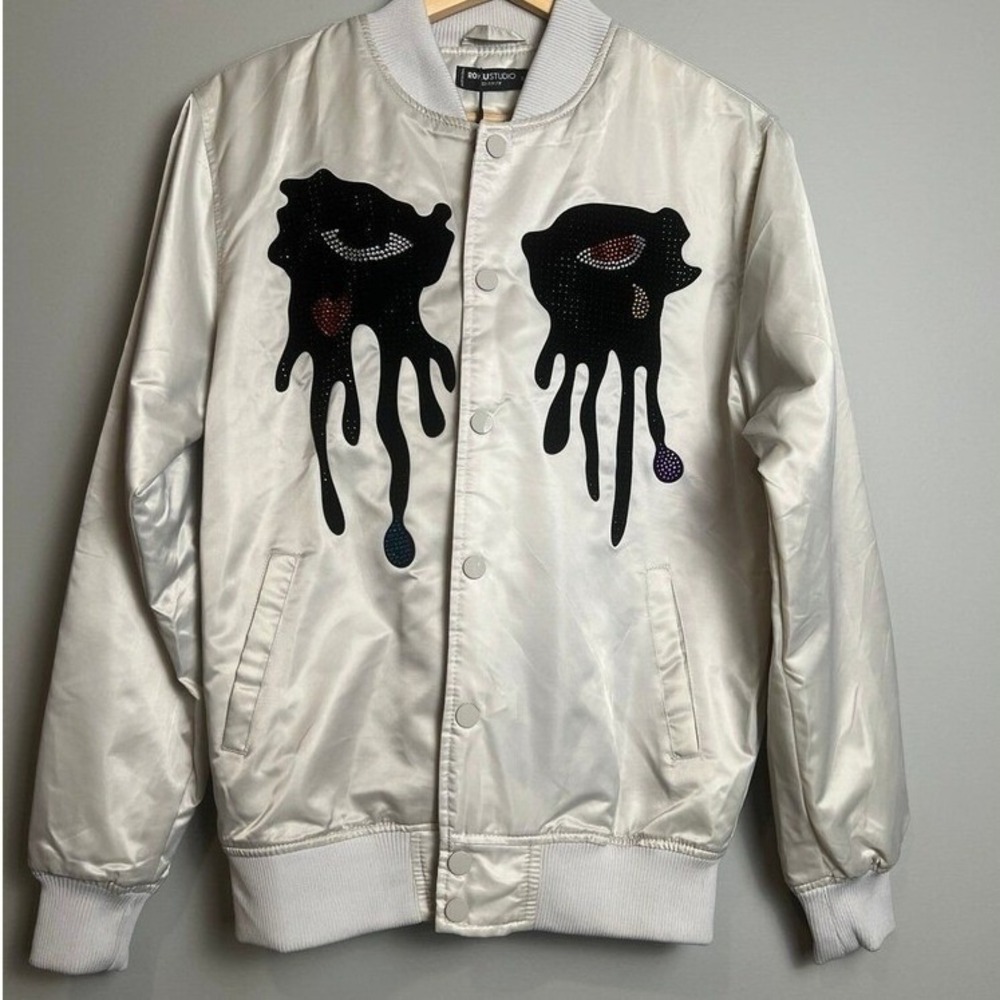 White Satin Bomber Jacket with Black Drip Eye Appliqué